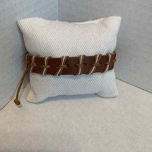Light Brown Leather Bracelet with White and Tan Thread Details